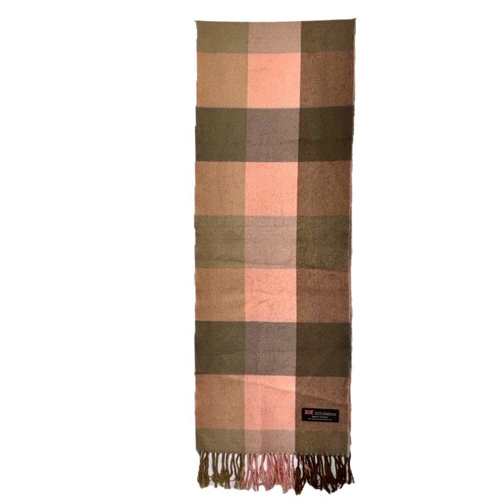 Scotland Cashmere Scarf Soft Pink Taupe Gray Plaid Fringed Ends NEW - Picture 2 of 5